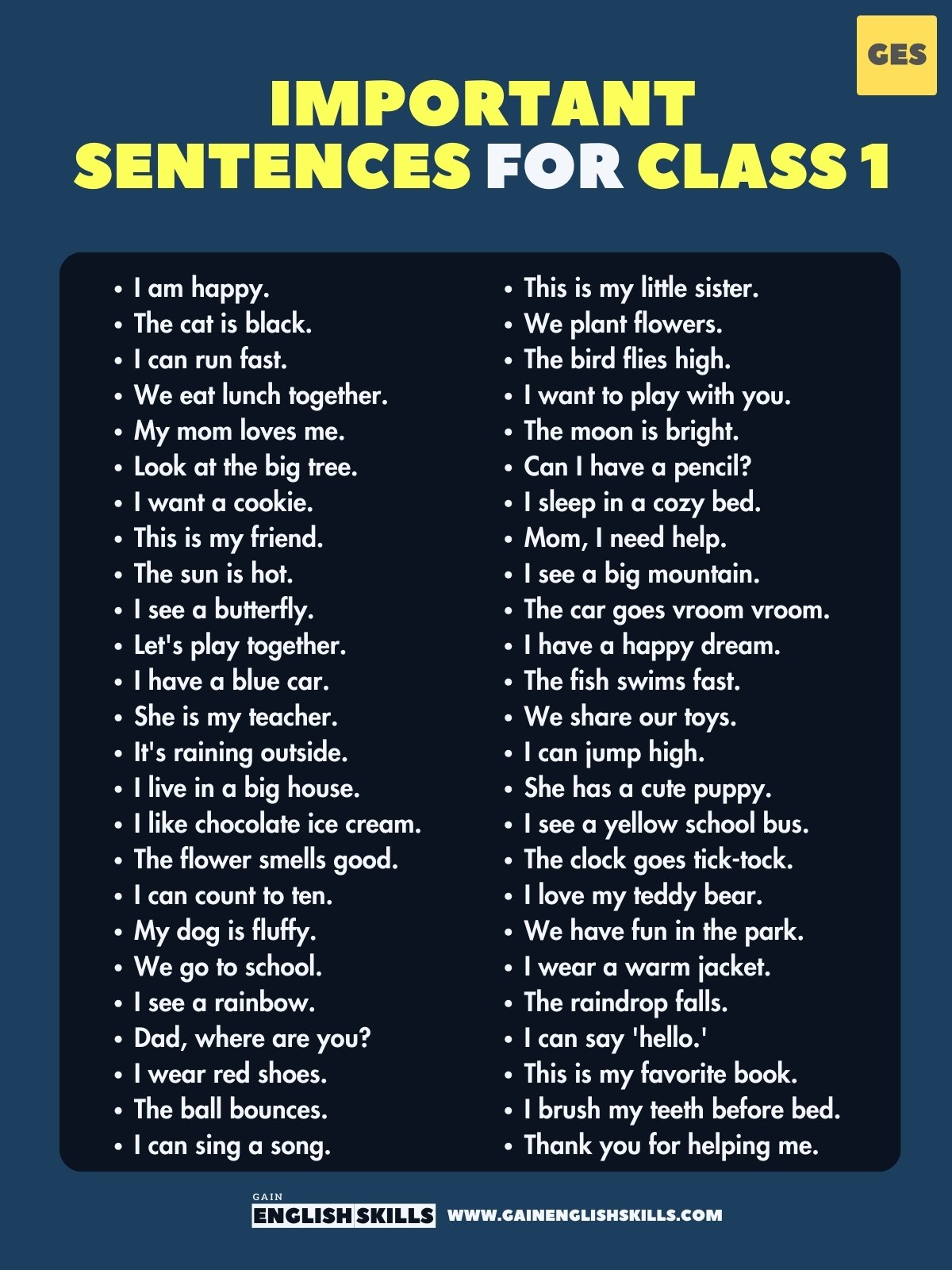 Important Sentences For Class 1