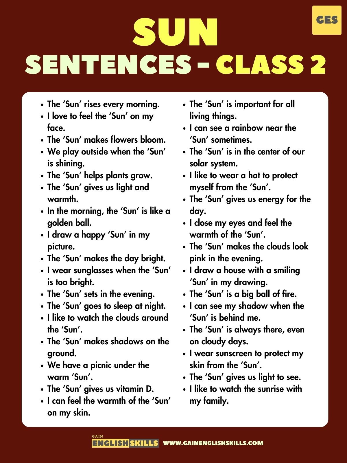 Sun Sentences for Class 2